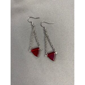 Dangle Drop‎ Earrings Red Triangle Chain Silver Tone Handmade Jewelry NEW